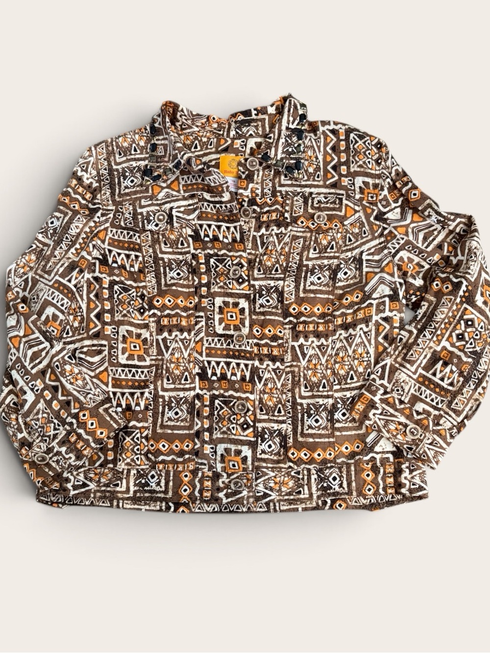 Ruby Rd Linen Blend Jacket 10 Embellished Geometric Art to Wear Boho Brown